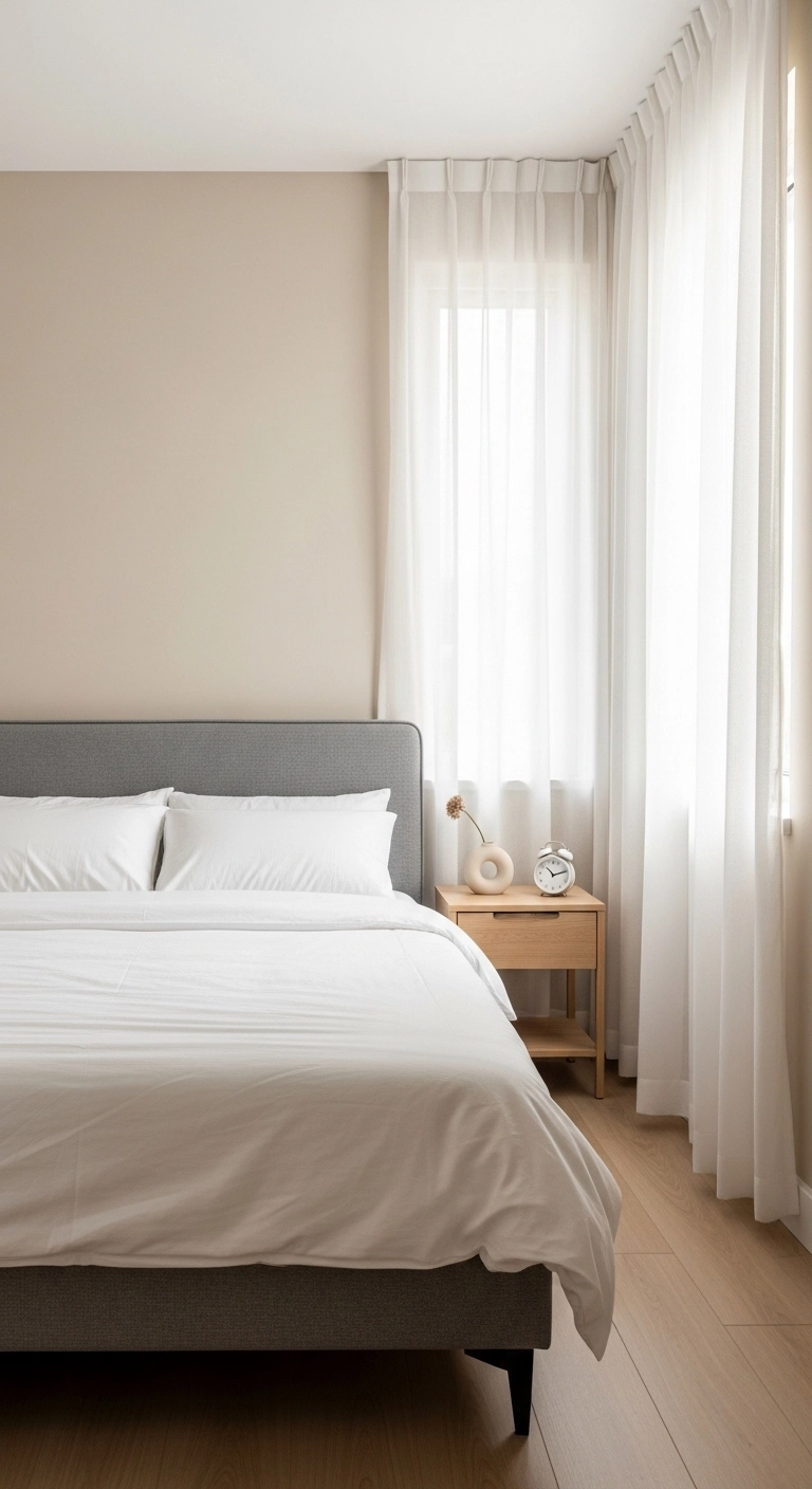 affordable bedroom ideas with fresh warm neutral paint in a stylish modern bedroom