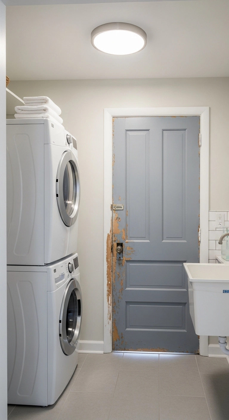 Door painting ideas with an old door refreshed in smooth soft gray paint