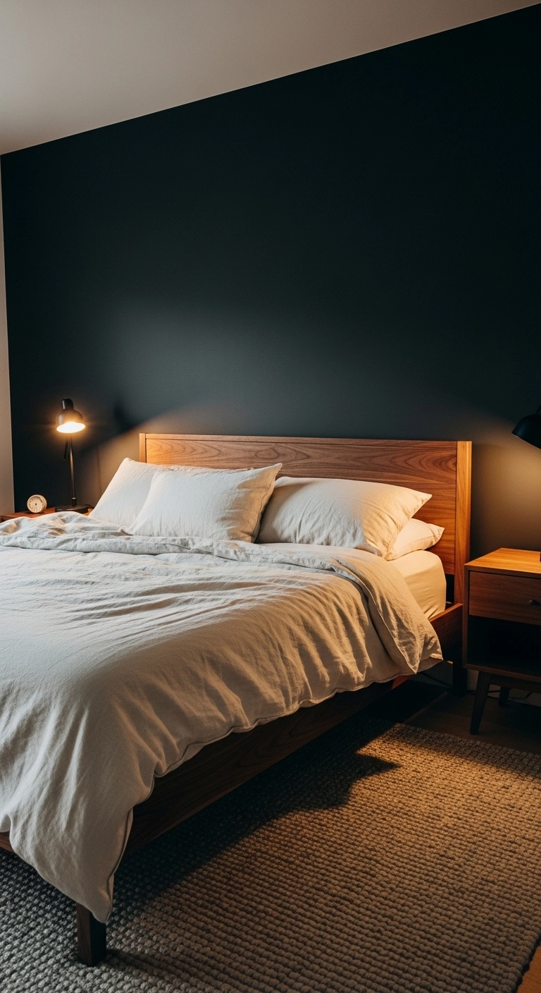 Black bedroom ideas with full black walls, warm wood furniture, and cream bedding