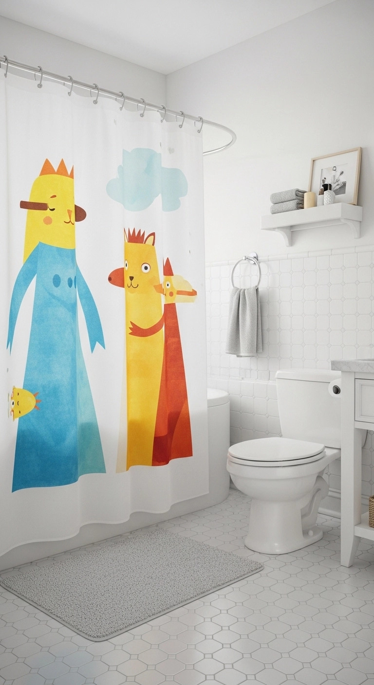 kids bathroom ideas with a playful shower curtain and bath mat