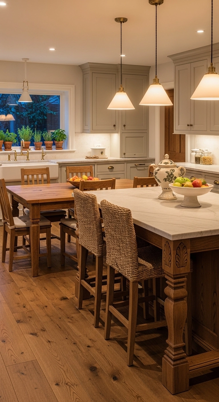 warm kitchen aesthetic with furniture-style island and woven stools