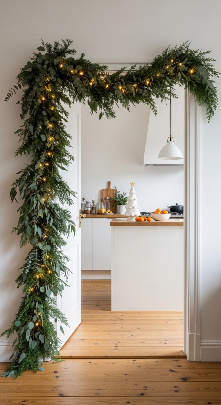 christmas kitchen decor ideas with garland framing a kitchen doorway