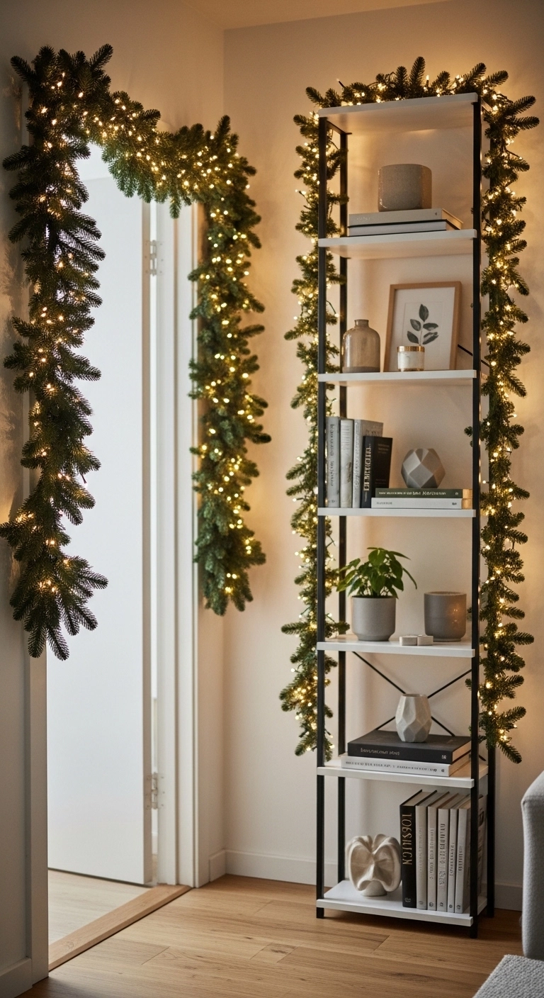 christmas apartment decor with garland and lights on a doorway