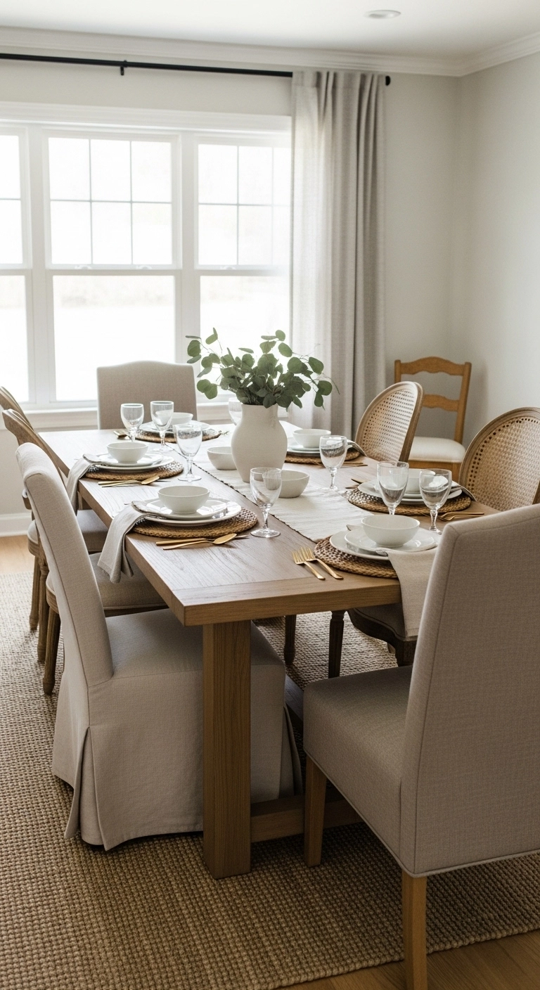 Dining room ideas with a large natural wood table and warm welcoming layout