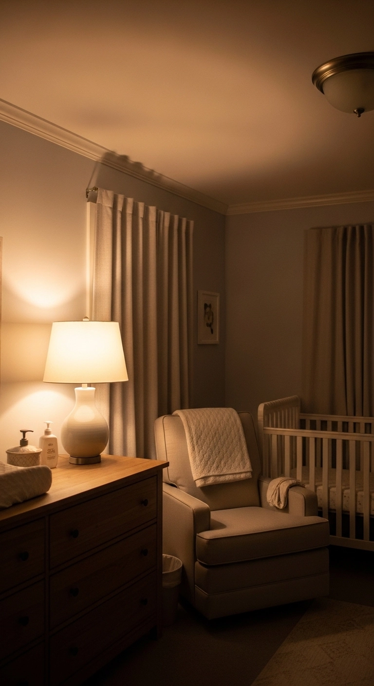 Baby nursery ideas with warm layered lighting for a soft cozy evening feel
