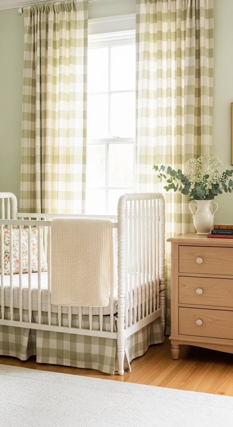 baby room themes with a gingham cottage nursery in pale green tones