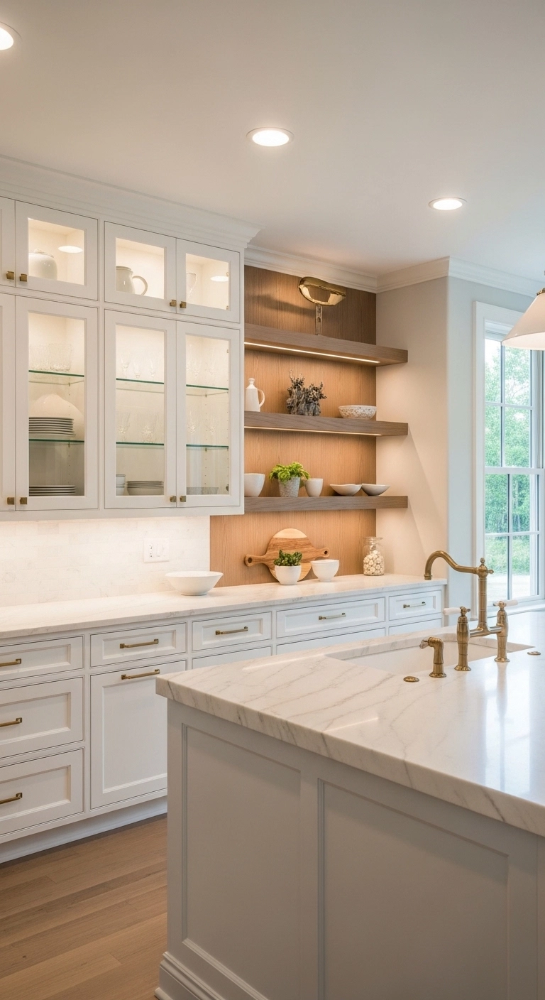 Kitchen lighting ideas with lit glass-front cabinets in a warm modern kitchen