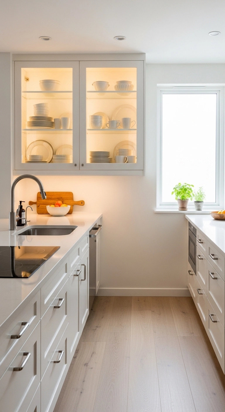 galley kitchen ideas with glass-front upper cabinets in a small kitchen