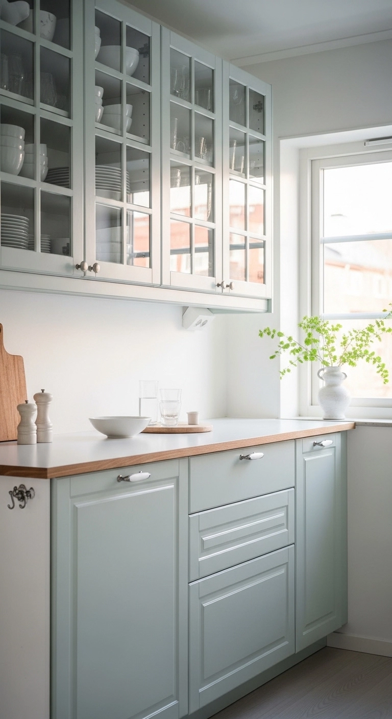 Kitchen cabinet ideas with glass-front upper cabinets and neatly styled dishes