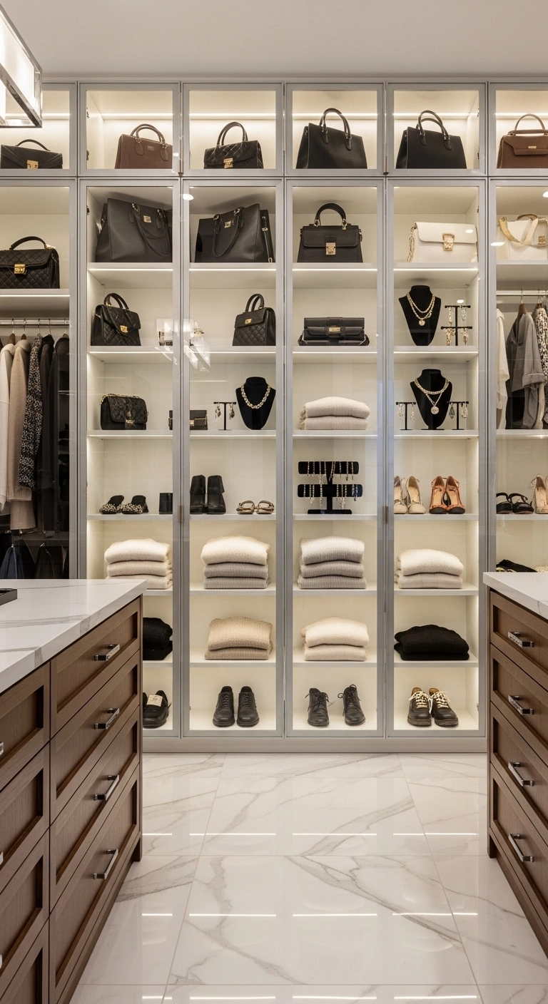 Walk in closet ideas with glass-front cabinets for stylish visible storage
