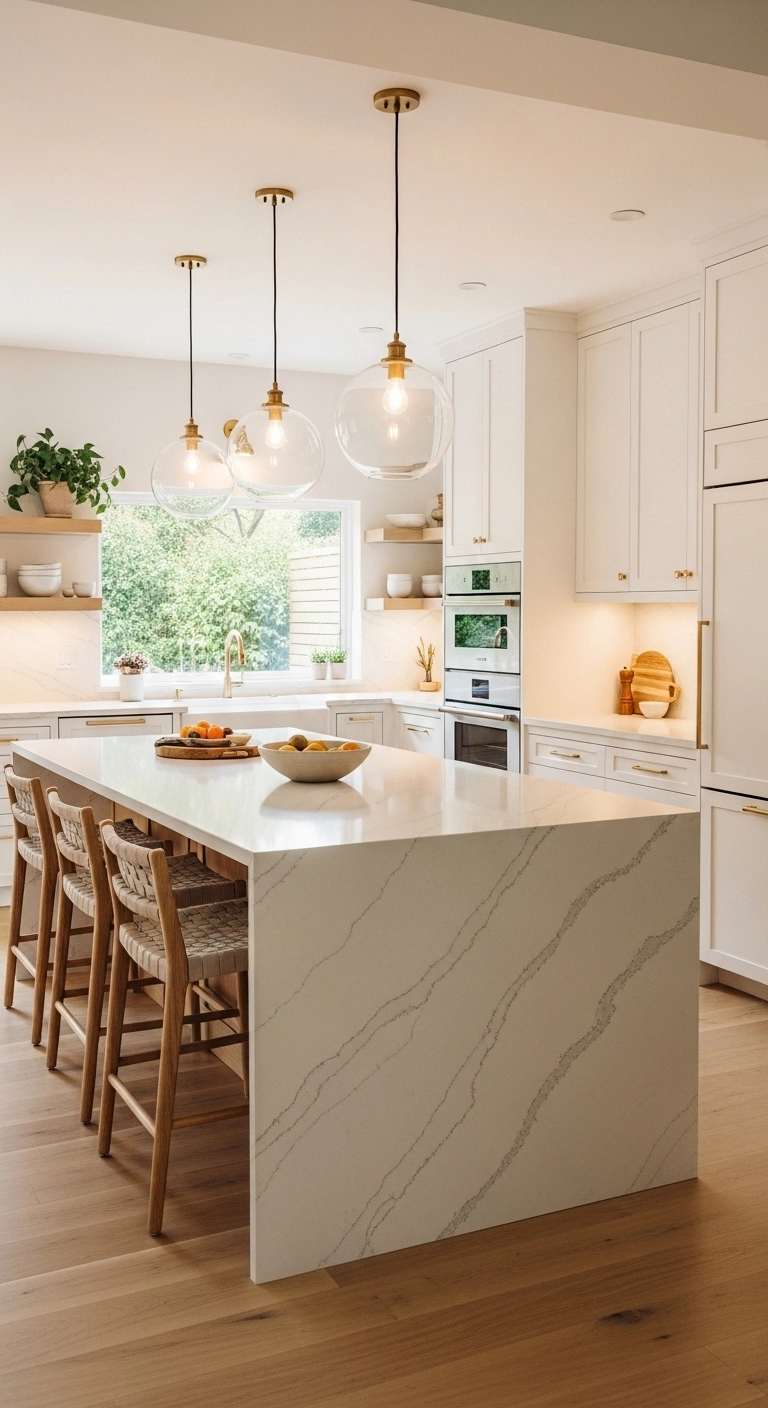 Kitchen lighting ideas with clear glass pendants above the island