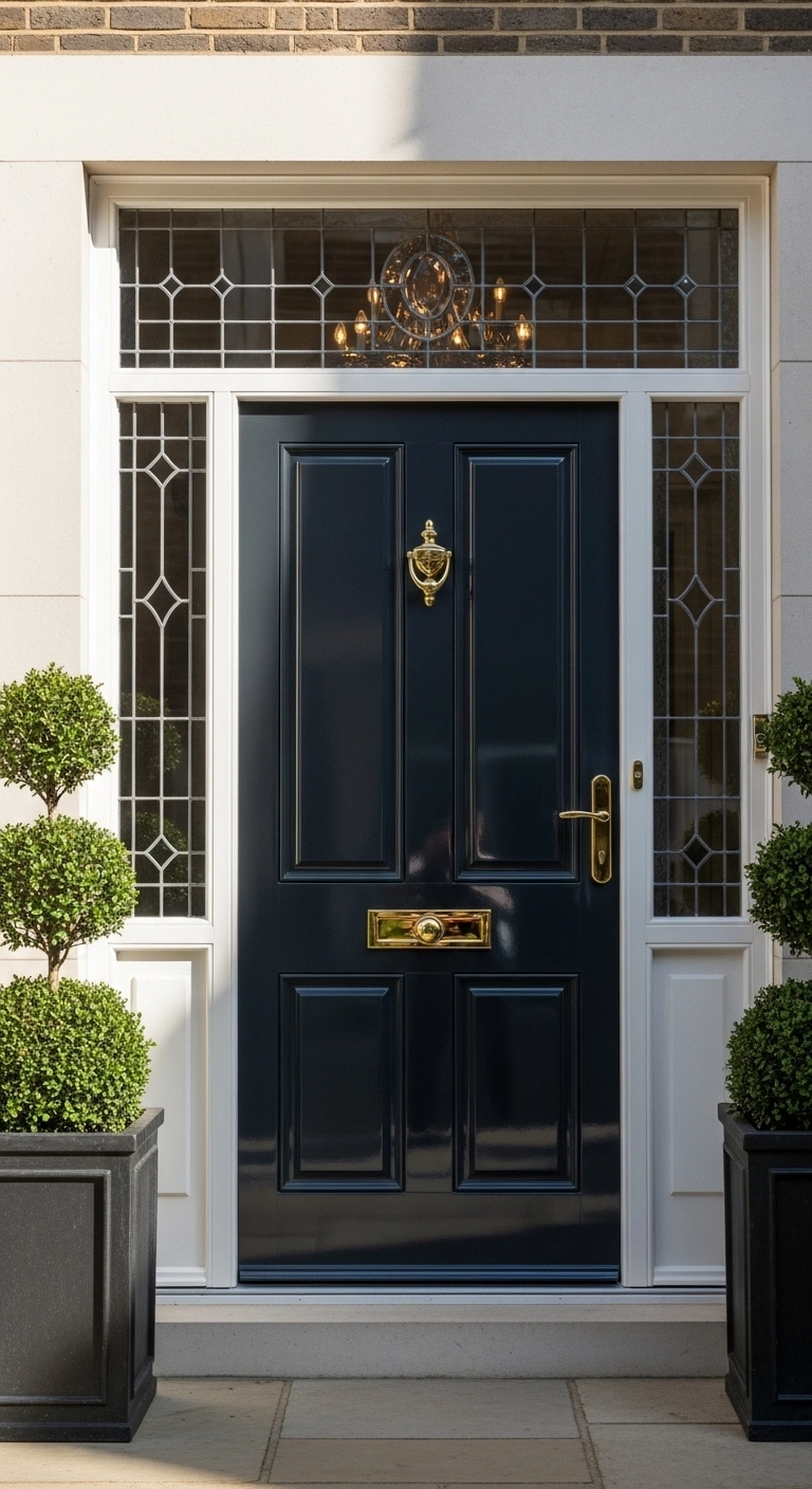 Door painting ideas with a glossy charcoal front door and polished hardware