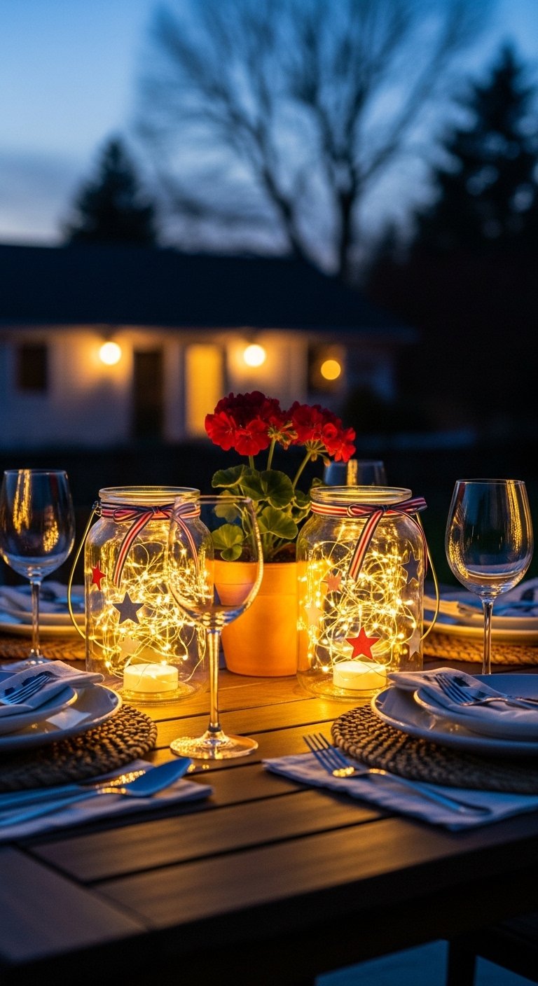 DIY 4th of July decorations using glowing lantern jars on an outdoor patio table