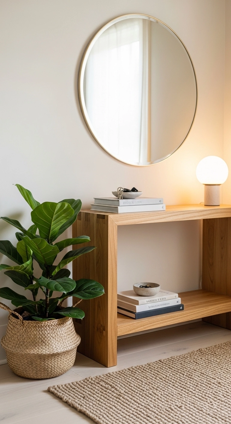 Entryway decor ideas with a green plant in a bright home entrance