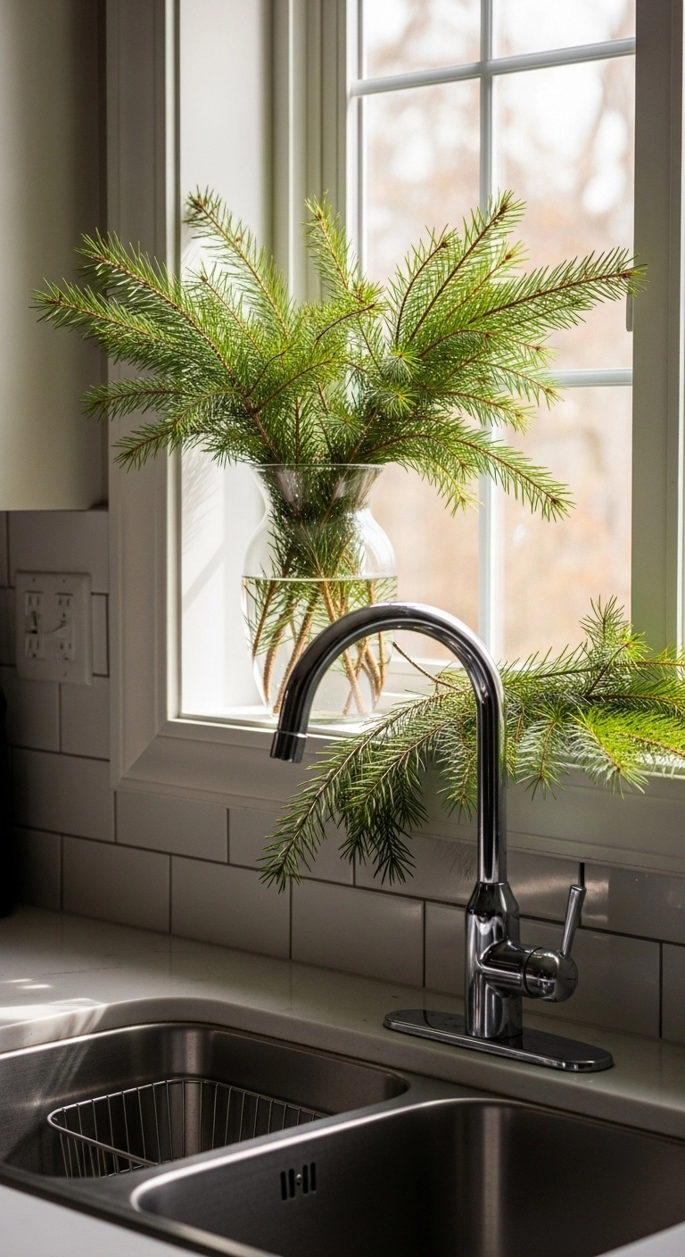 christmas kitchen decor ideas with greenery around a sink window