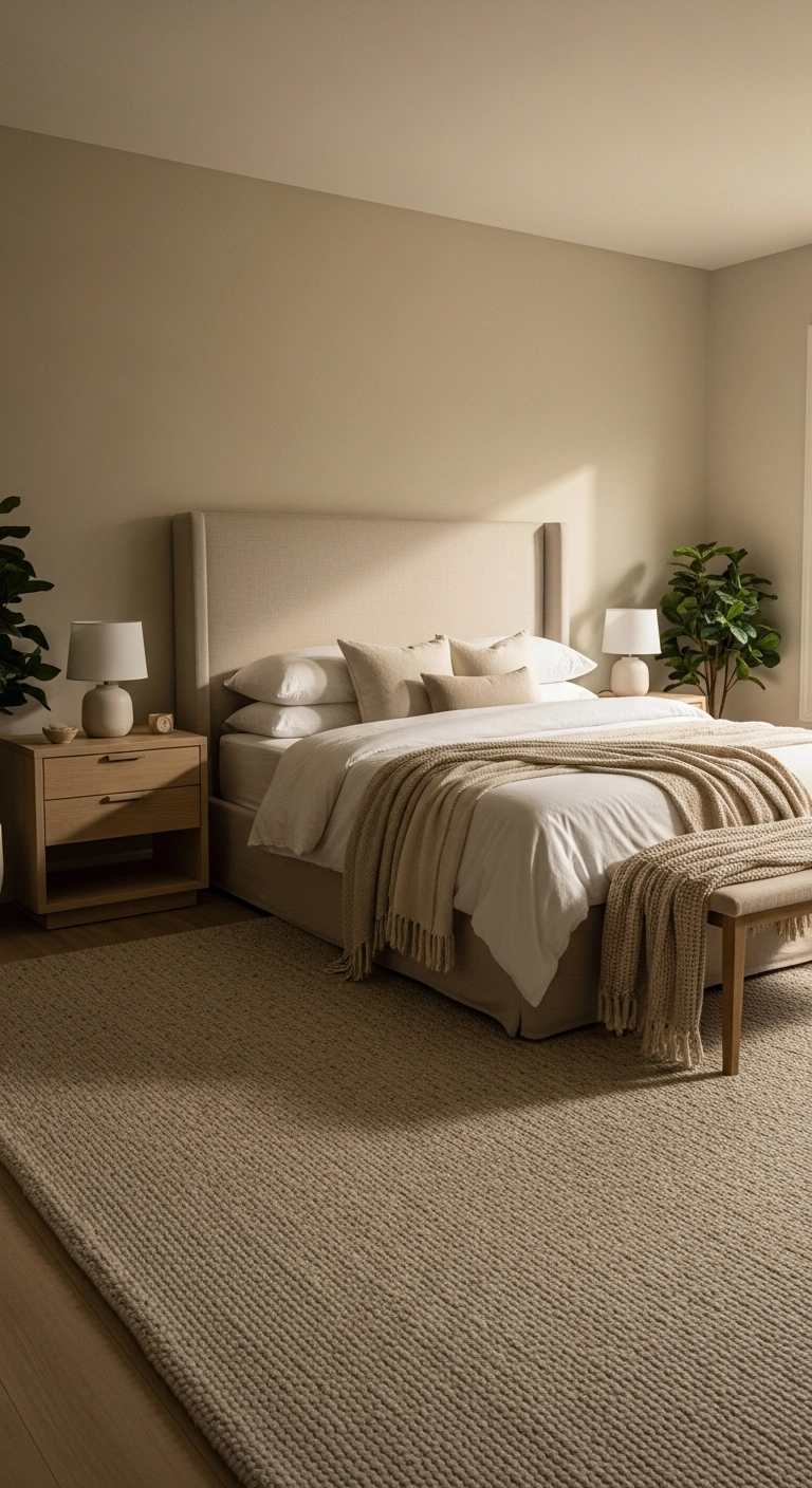 spa bedroom ideas with a large neutral rug under the bed