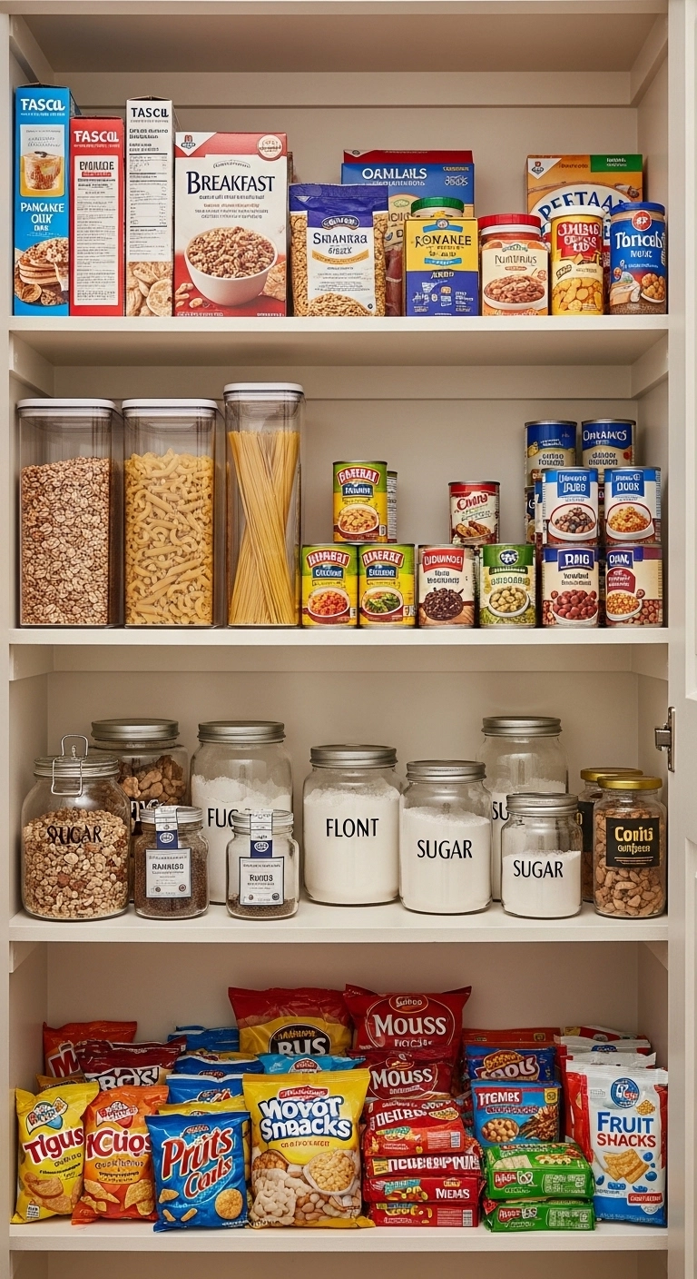 small pantry ideas with food grouped by kitchen use