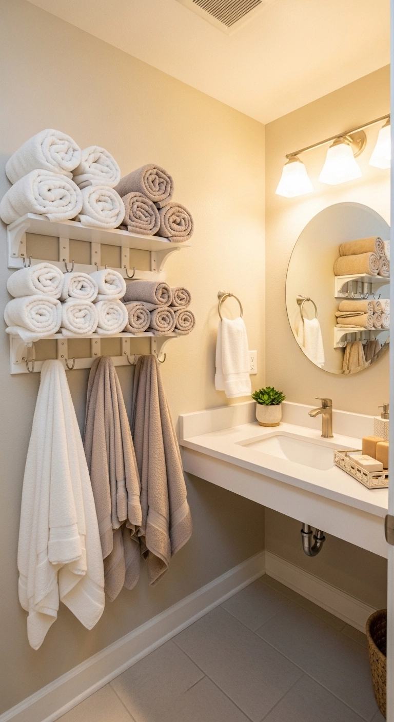 Bathroom towel hanging ideas with open hooks and guest towels