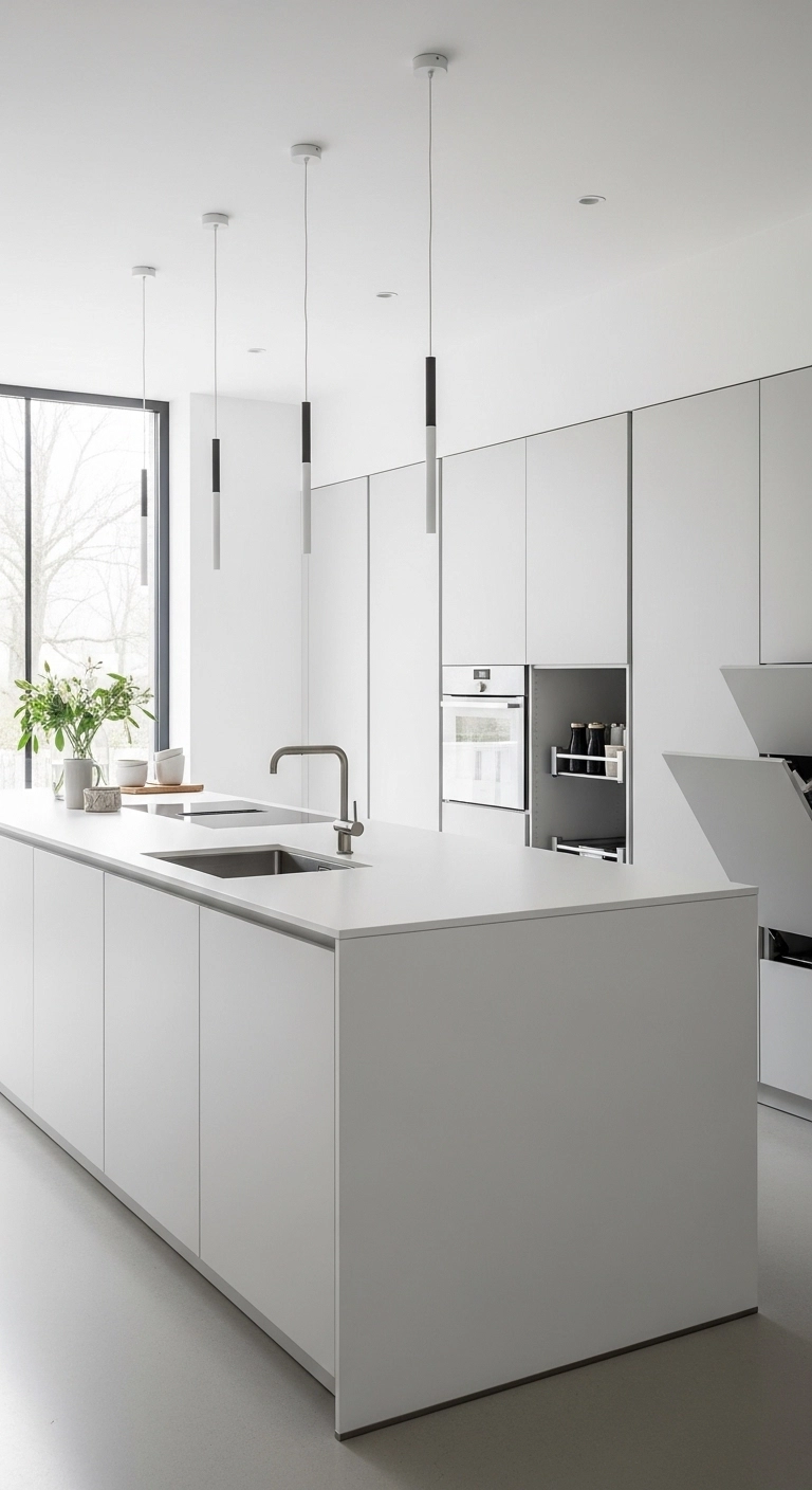 Island kitchen ideas with a handleless island and sleek flat-panel cabinetry