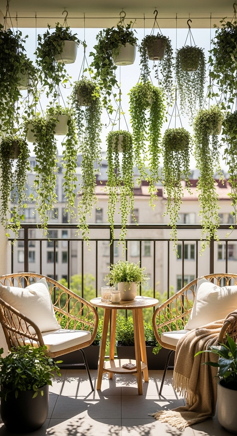 Balcony privacy ideas with hanging planters creating eye-level screening