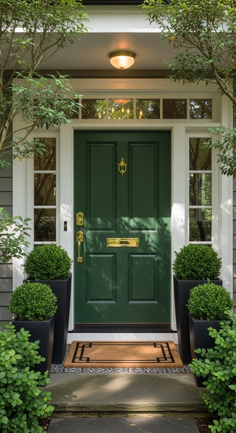 Door painting ideas with a forest green front door and brass hardware