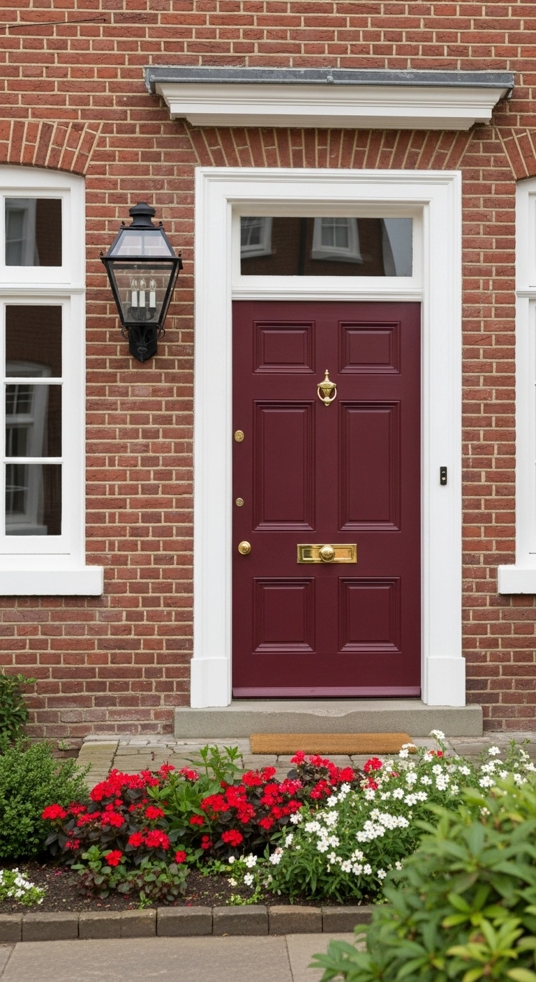 Door painting ideas with a heritage burgundy door on a classic home