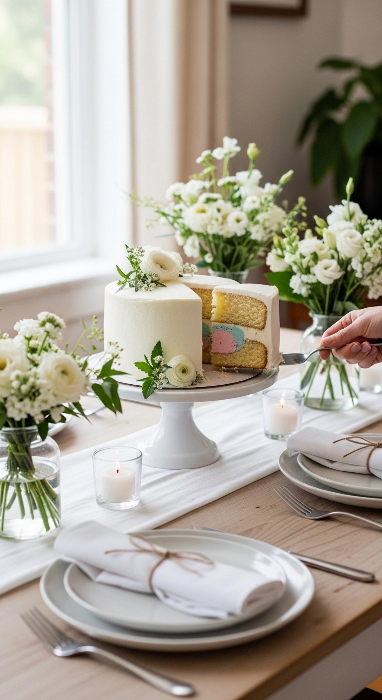 DIY gender reveal ideas with a cake sliced to show hidden color inside