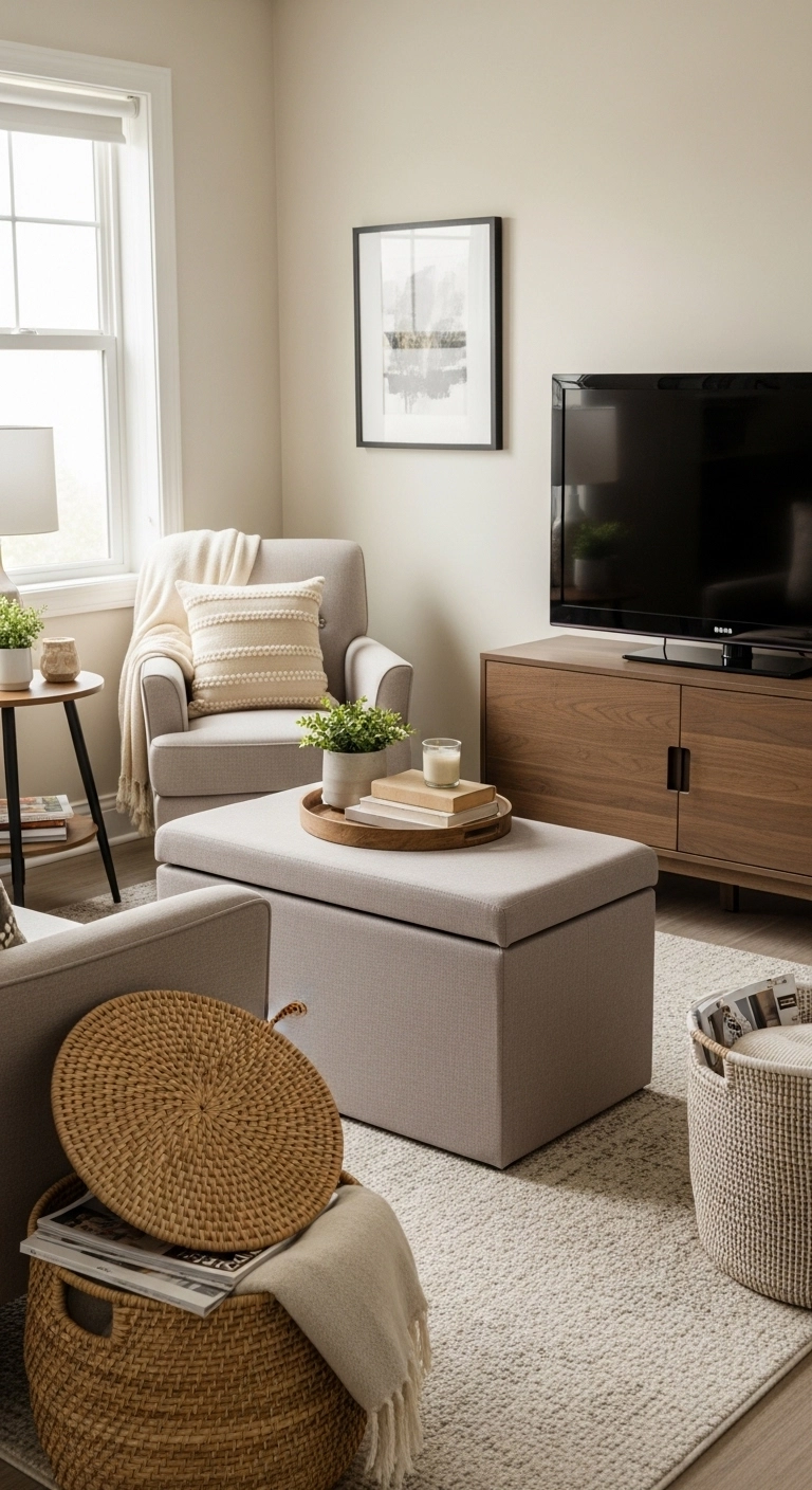 small living room decor ideas with hidden storage and tidy styling