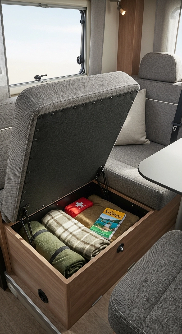 camper interior ideas with storage seating under a dinette bench