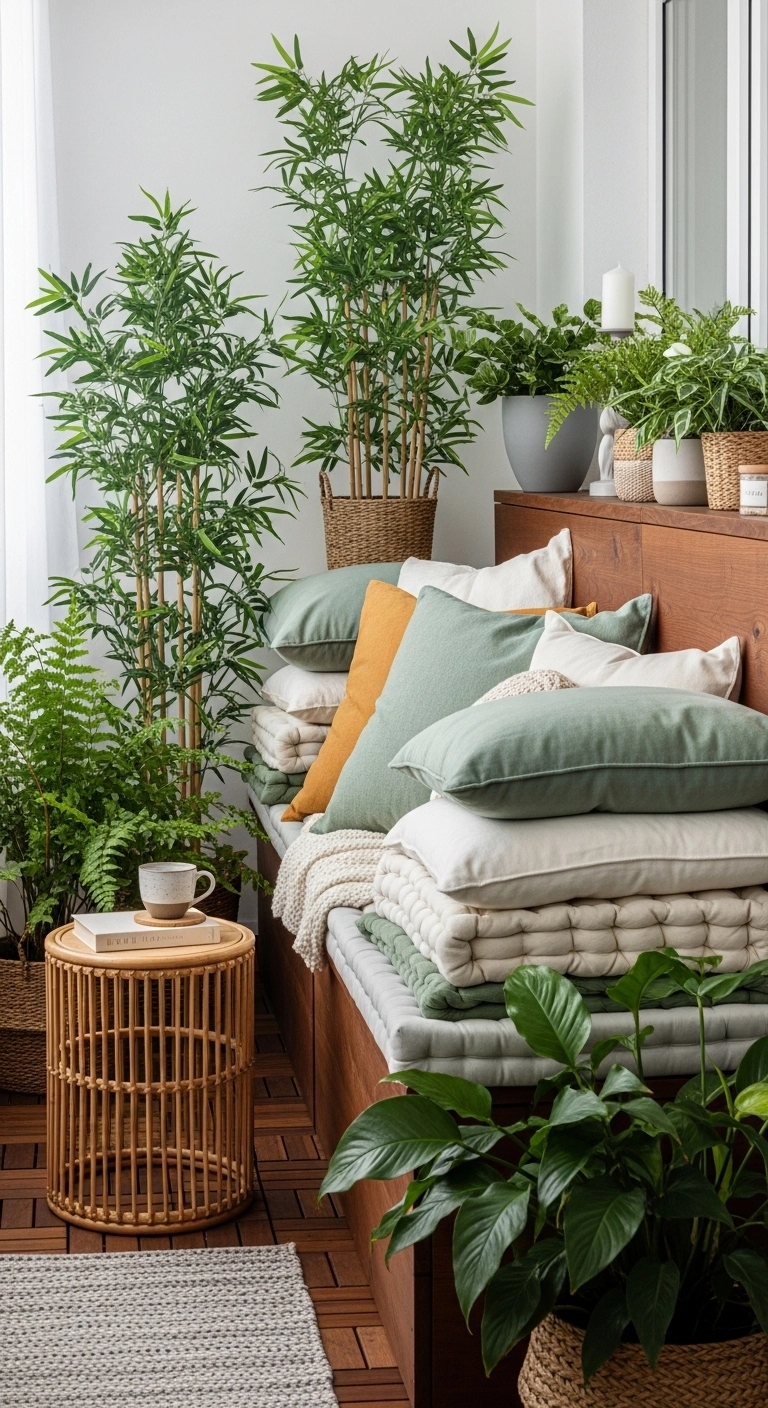 Balcony privacy ideas with a high-back bench and cozy tucked-away seating