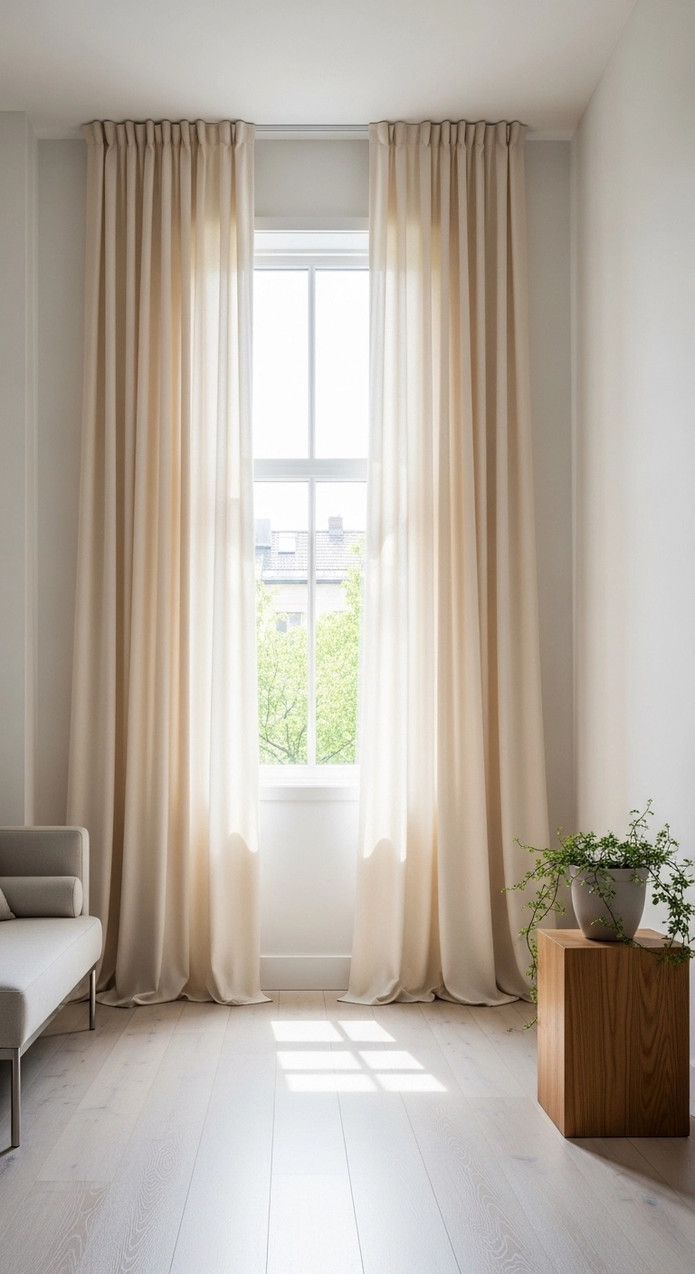 Small home interior design ideas with high curtains and a taller room feel