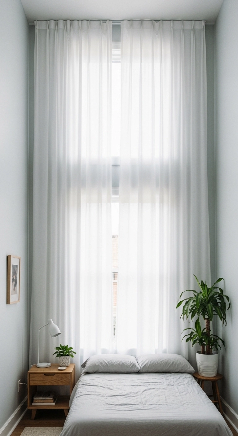 small room decor ideas with high hung curtains in a small bedroom