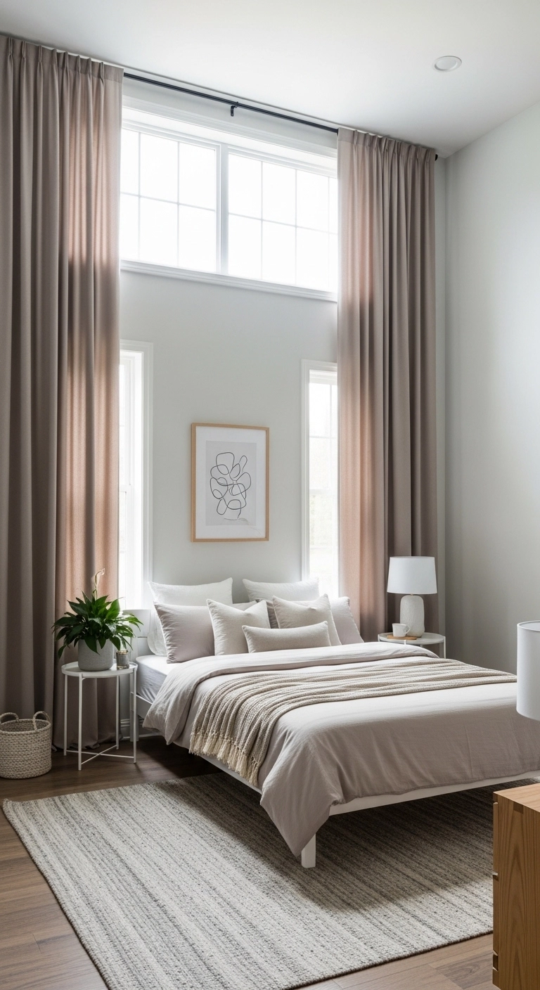 affordable bedroom ideas with high-hung curtains in an airy stylish bedroom