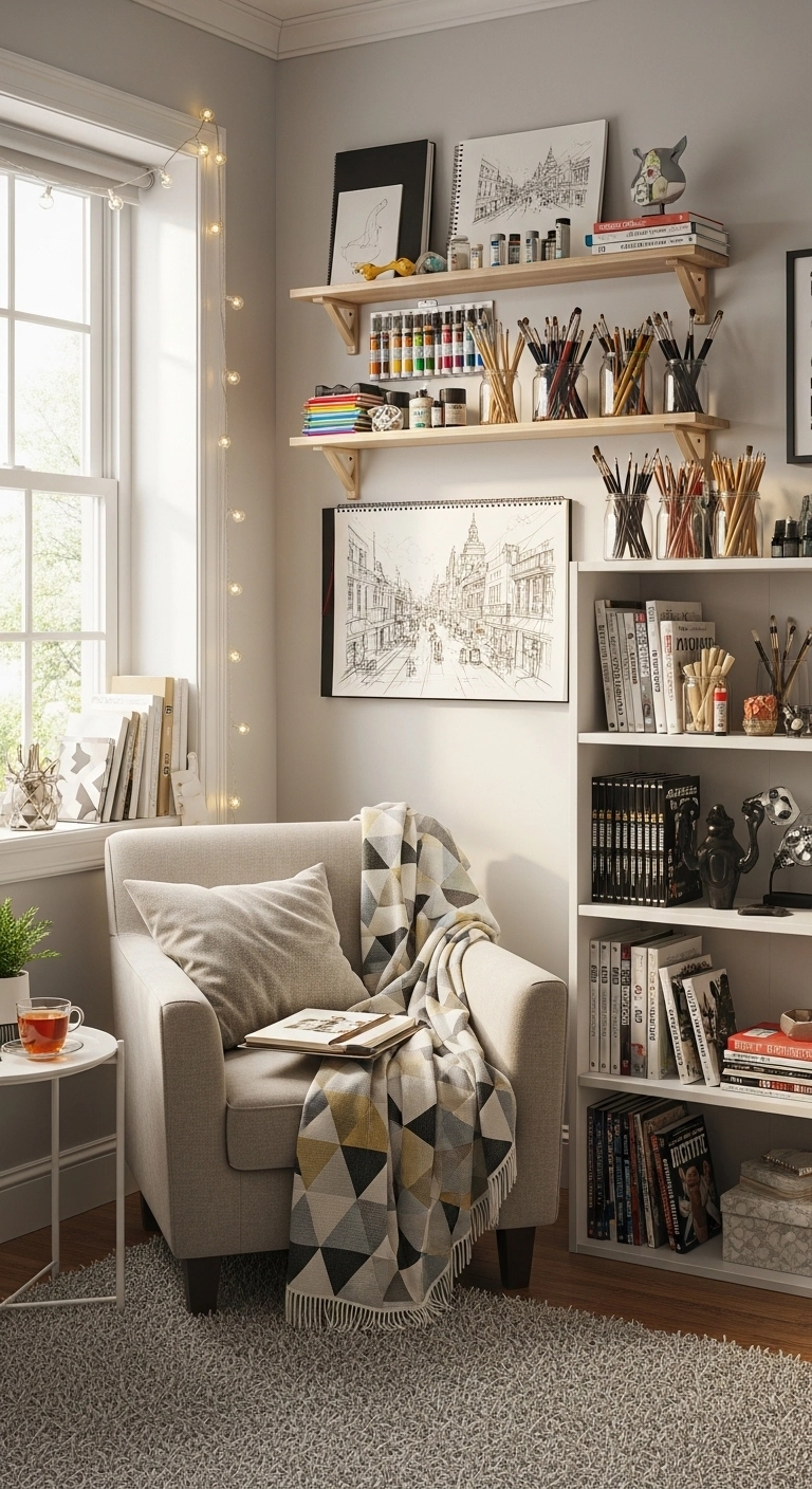 teen girl bedroom ideas with a hobby corner and cozy reading chair