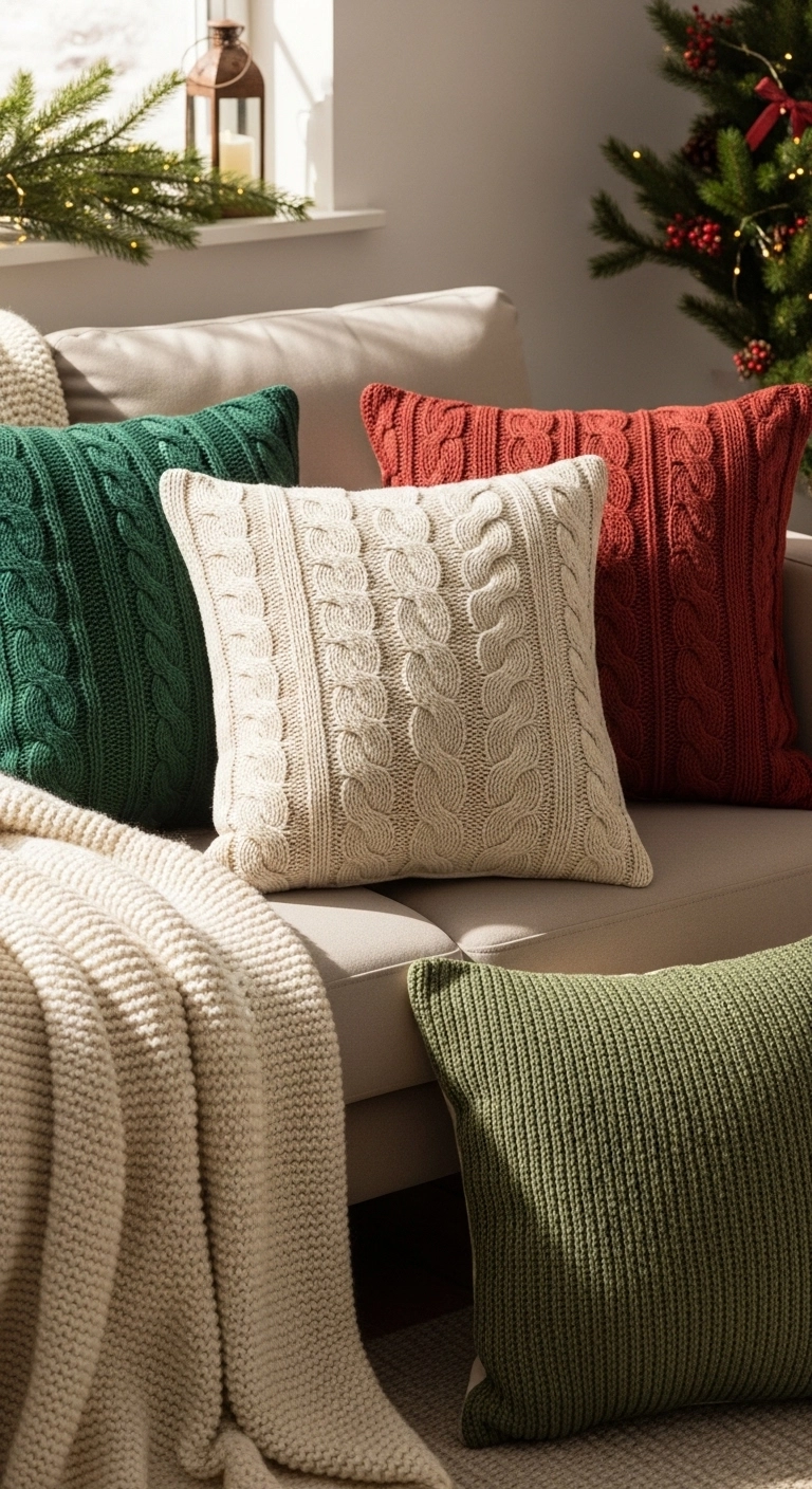 christmas apartment decor with seasonal pillow covers on a small sofa