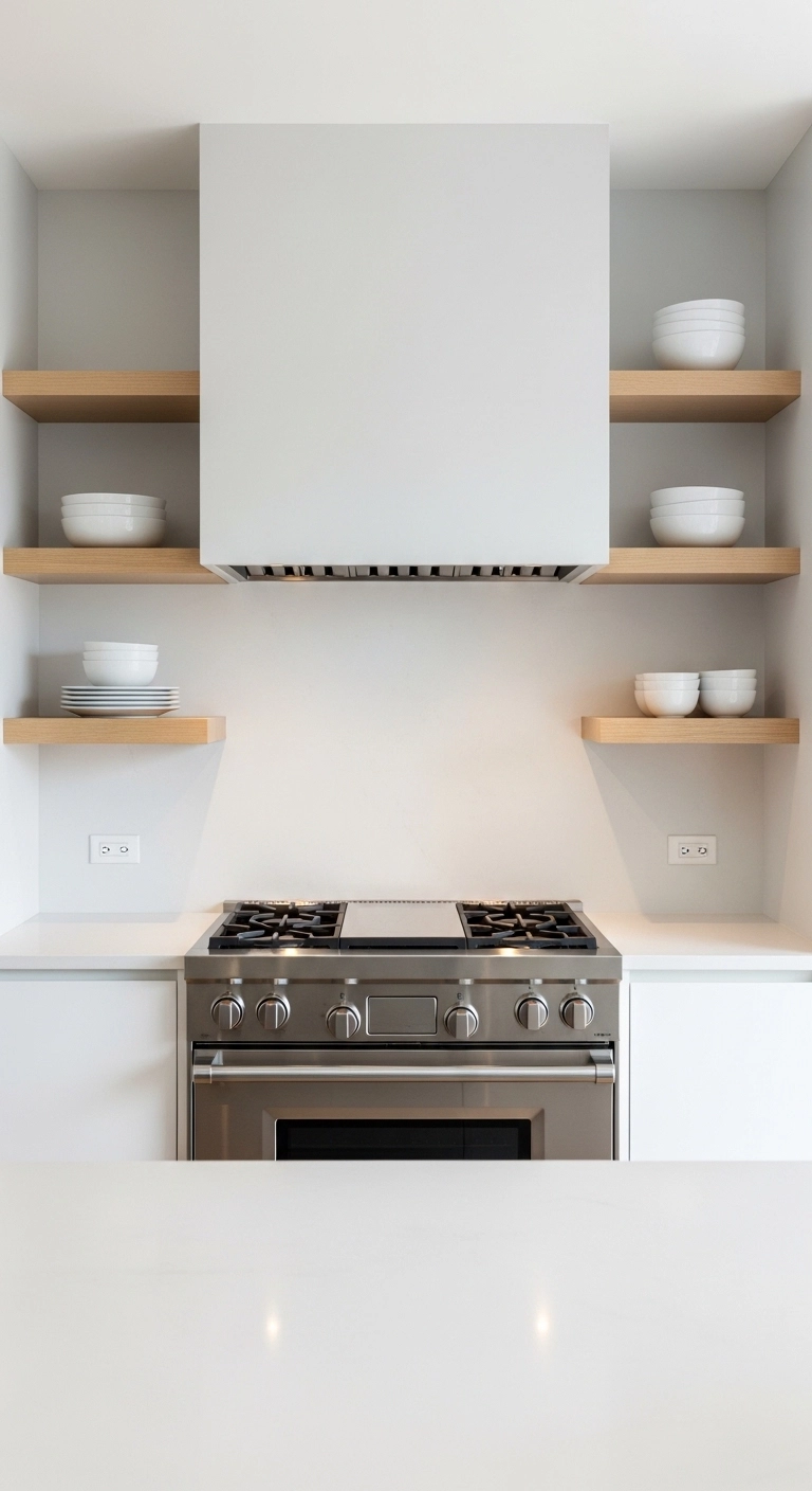 kitchen hood ideas with side shelves around the hood