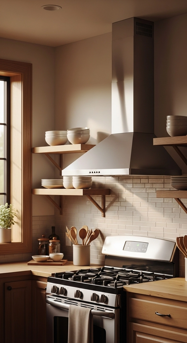 kitchen vent hood ideas with side shelves around the hood