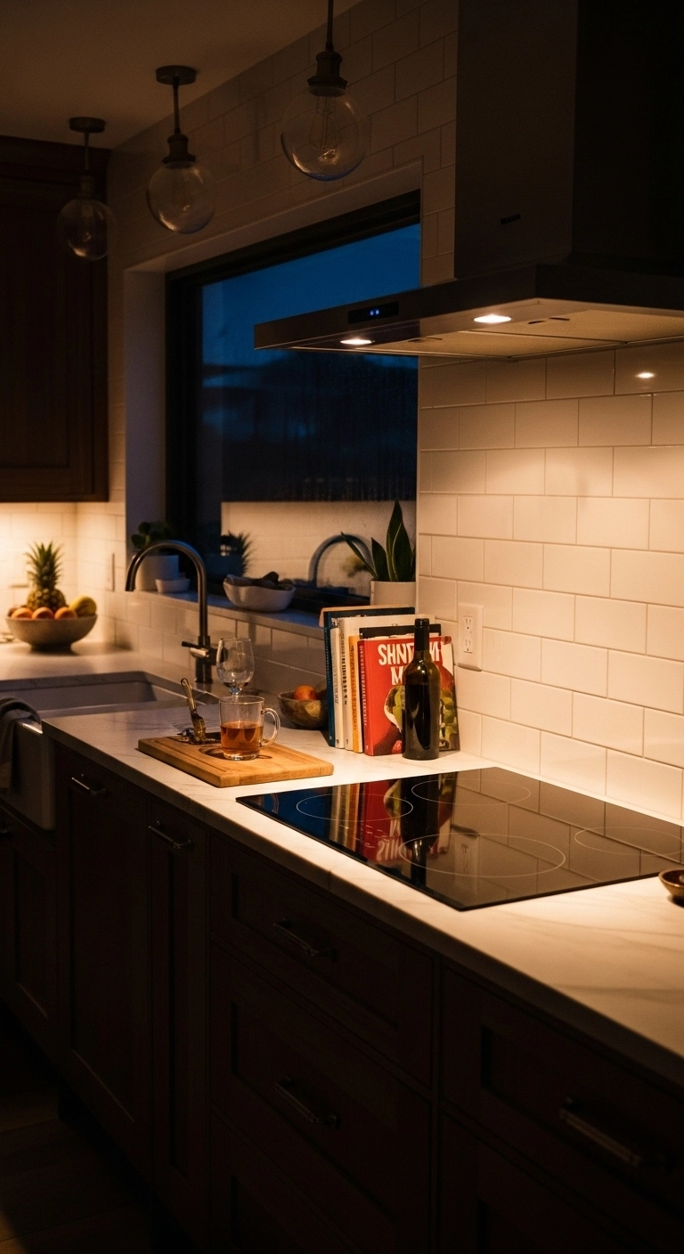 kitchen hood ideas shown in warm evening kitchen light