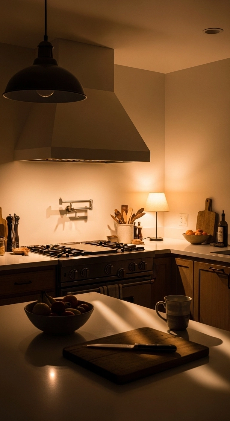 kitchen vent hood ideas shown in warm evening kitchen lighting