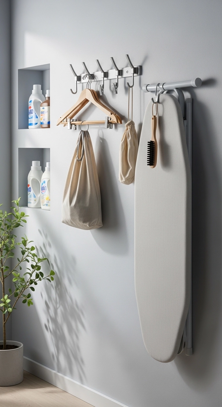 Small laundry room ideas with wall hooks for bags and laundry tools