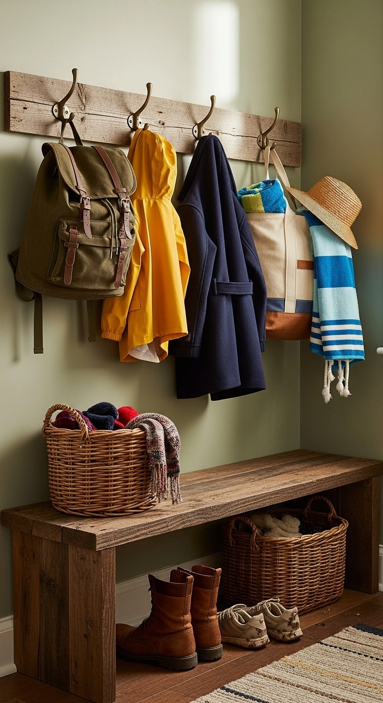 small mudroom ideas with wall hooks for coats and backpacks