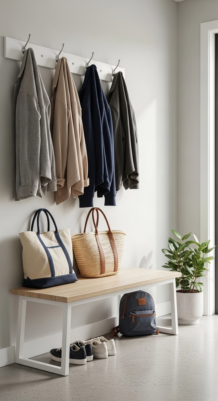 Entryway decor ideas using hooks for coats and bags in a tidy space