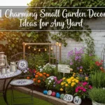 "create feature image for this11 Charming Small Garden Decor Ideas for Any Yard with overlay on tha image"