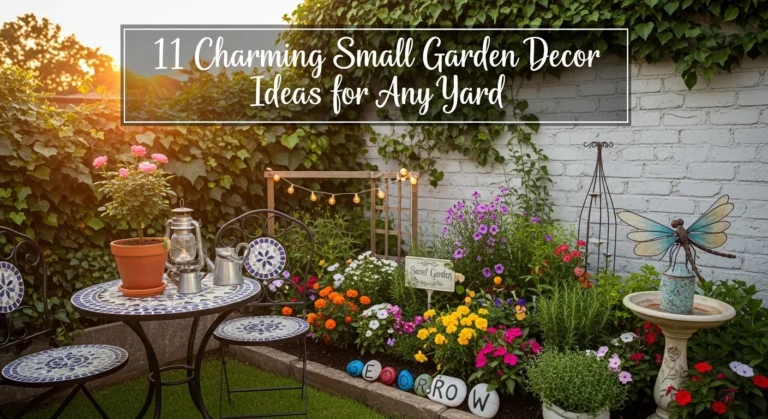 "create feature image for this11 Charming Small Garden Decor Ideas for Any Yard with overlay on tha image"
