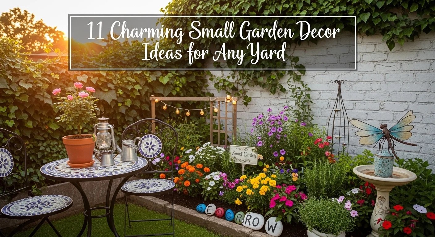 "create feature image for this11 Charming Small Garden Decor Ideas for Any Yard with overlay on tha image"