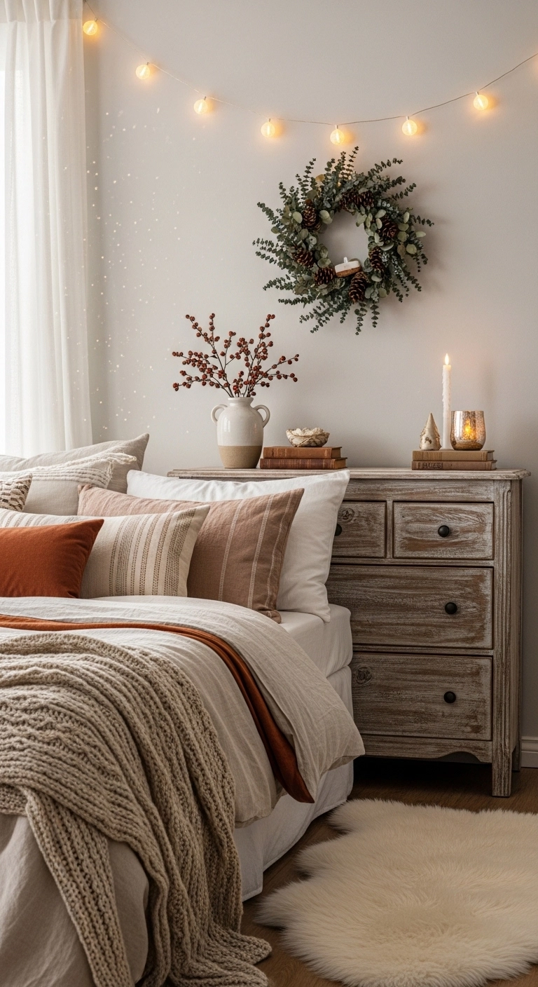 christmas apartment decor with an indoor wreath in a cozy bedroom