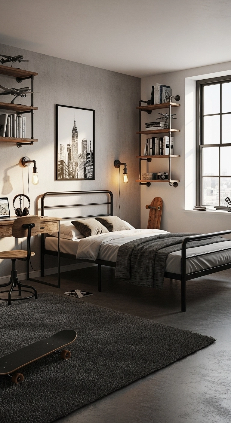 teenage boy bedroom ideas with industrial style furniture