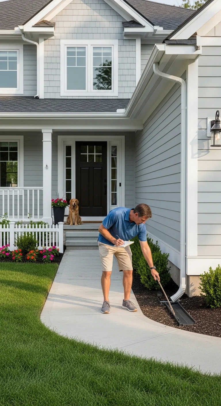 New homeowner checklist image of exterior yard and drainage inspection