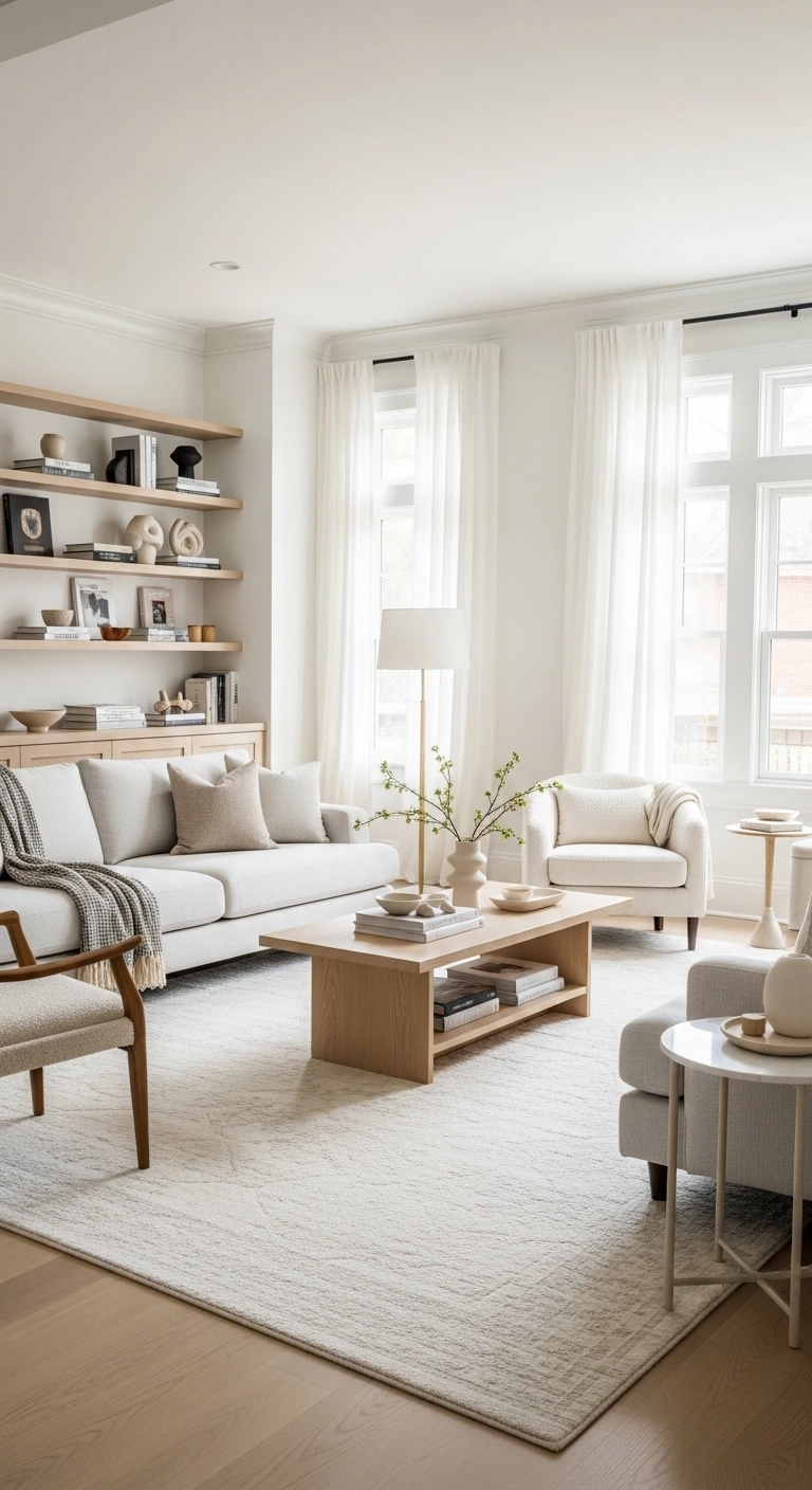 White living room ideas with a large ivory rug and bright layout