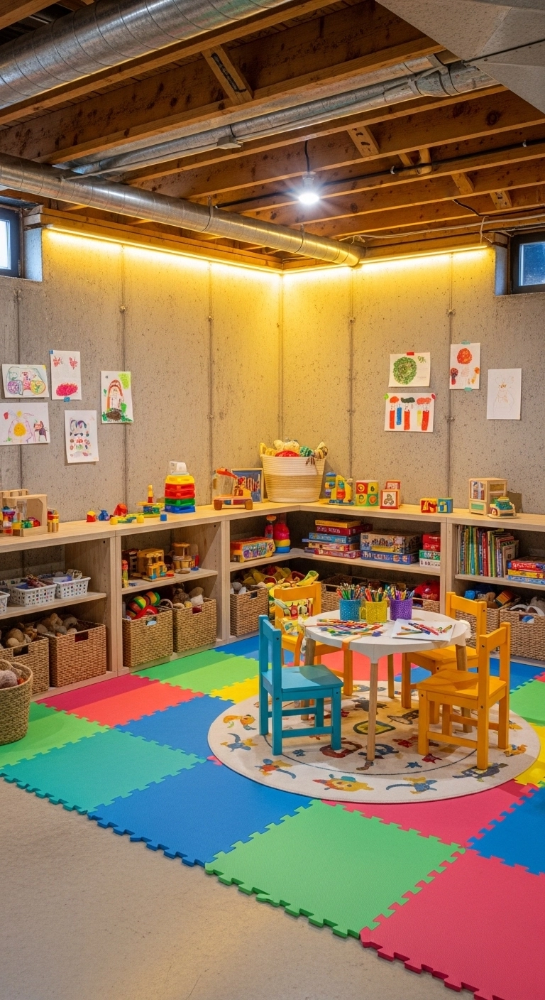 unfinished basement ideas with a kids play area and toy storage